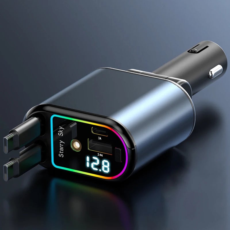Bluejw C9 LED Display Retractable 4-in-1 Car Charger: Fast Charging, Ambient Light, Automobile Adapter for Type-C & More - Image 1